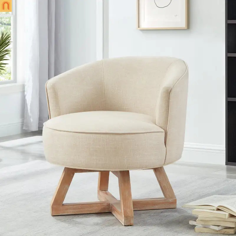 Accent Chair Swivel Linen Beige Cross Wood Base 360 Degree 27in