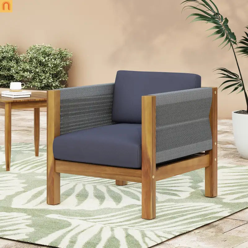 Outdoor Club Chair Acacia Wood Rattan Rope Teak 27.25in