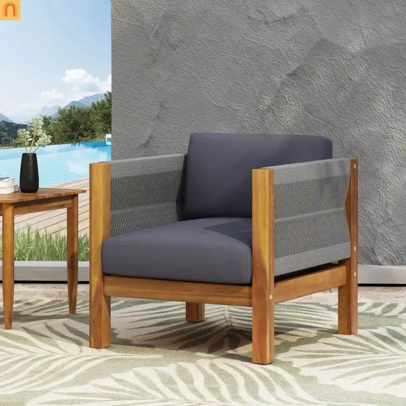 Outdoor Club Chair Acacia Wood Rattan Rope Teak 27.25in