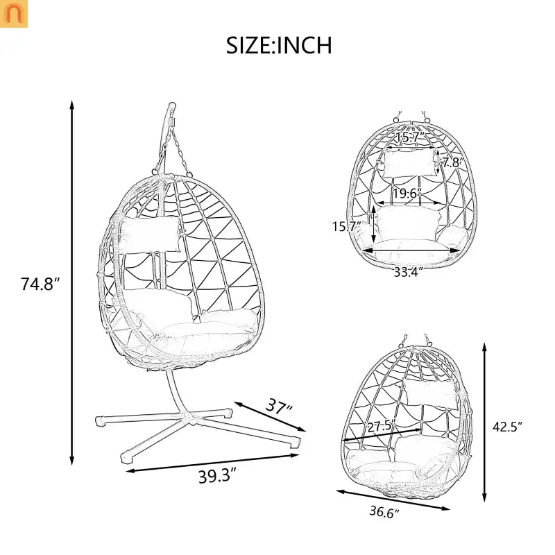 Outdoor Hanging Egg Chair Wicker Gray with Stand Foldable 76.8in