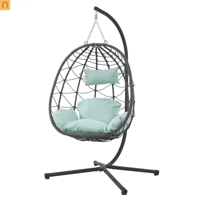 Outdoor Hanging Egg Chair Wicker Gray with Stand Foldable 76.8in