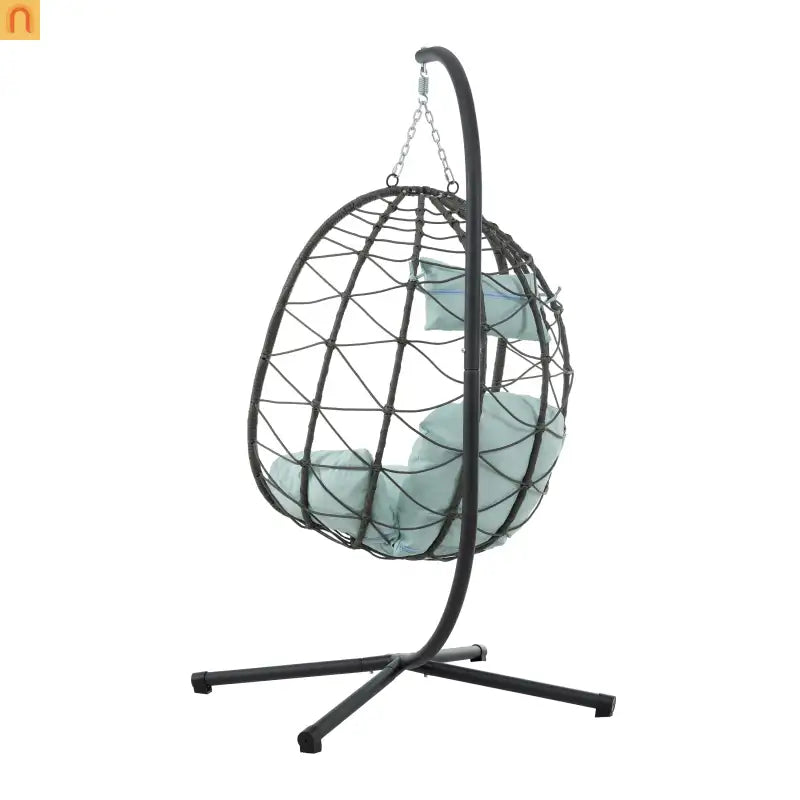 Outdoor Hanging Egg Chair Wicker Gray with Stand Foldable 76.8in