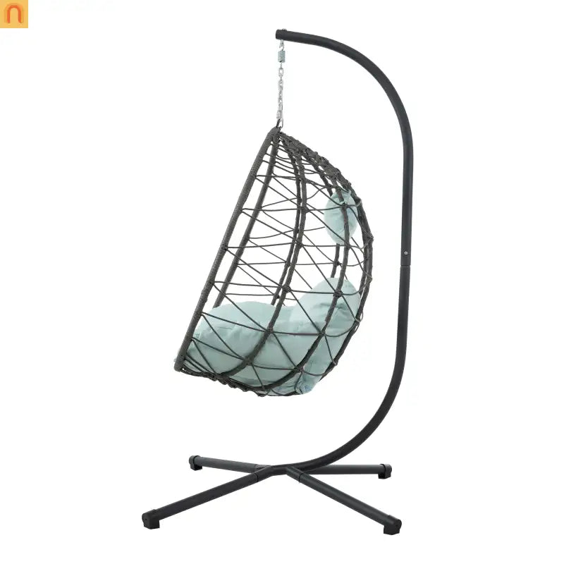 Outdoor Hanging Egg Chair Wicker Gray with Stand Foldable 76.8in