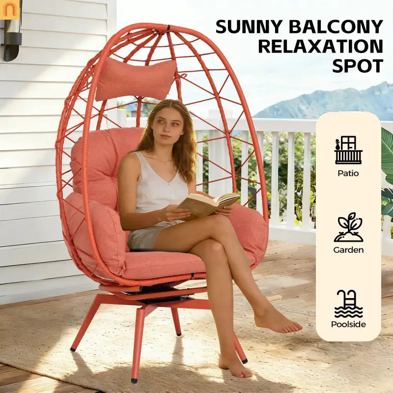 Outdoor Egg Chair Swivel PE Rattan Orange Red 330 lb Capacity 57in
