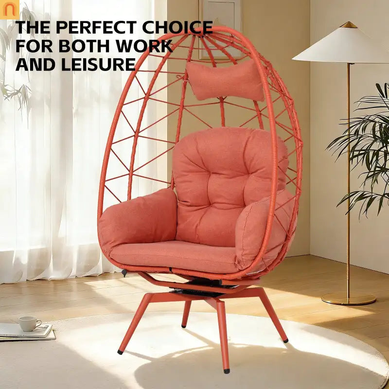 Outdoor Egg Chair Swivel PE Rattan Orange Red 330 lb Capacity 57in