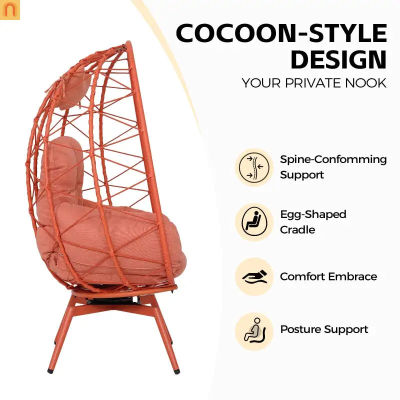 Outdoor Egg Chair Swivel PE Rattan Orange Red 330 lb Capacity 57in
