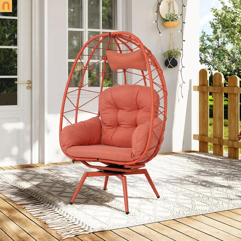 Outdoor Egg Chair Swivel PE Rattan Orange Red 330 lb Capacity 57in