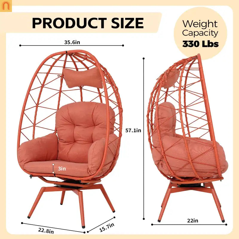 Outdoor Egg Chair Swivel PE Rattan Orange Red 330 lb Capacity 57in