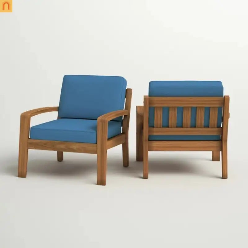 Outdoor Club Chair Acacia Wood Blue Slat Panel Water Resistant Cushion