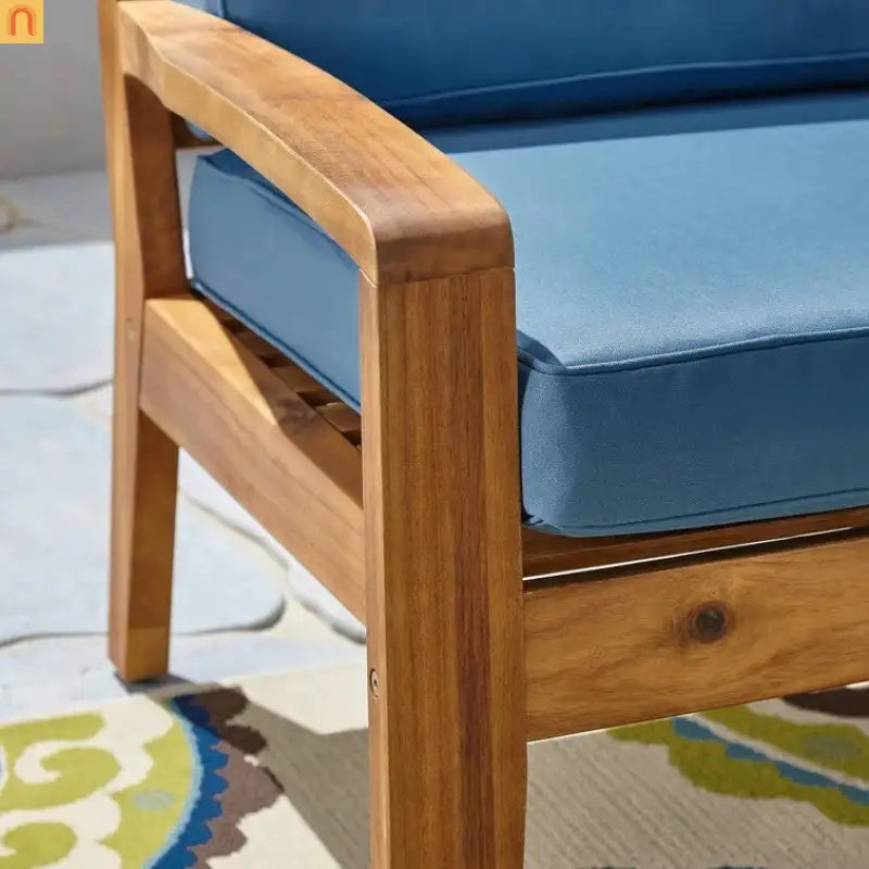 Outdoor Club Chair Acacia Wood Blue Slat Panel Water Resistant Cushion