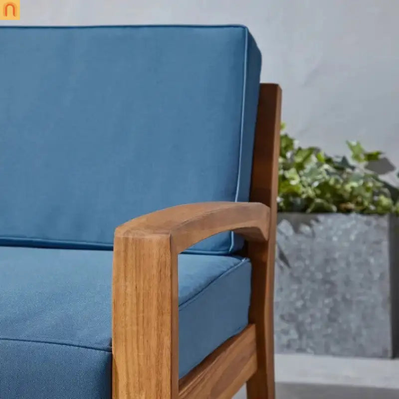 Outdoor Club Chair Acacia Wood Blue Slat Panel Water Resistant Cushion
