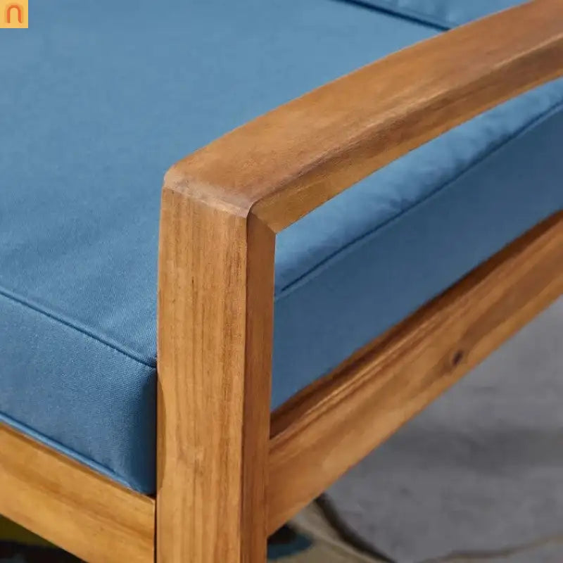 Outdoor Club Chair Acacia Wood Blue Slat Panel Water Resistant Cushion