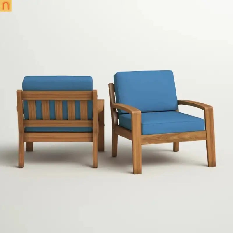 Outdoor Club Chair Acacia Wood Blue Slat Panel Water Resistant Cushion