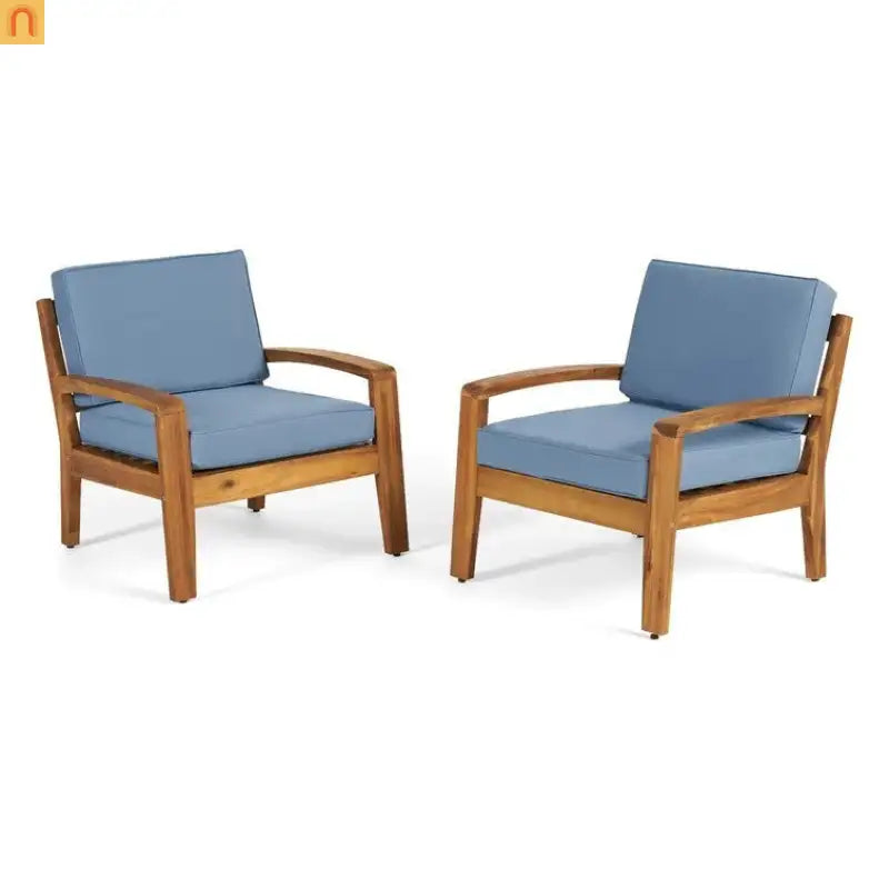Outdoor Club Chair Acacia Wood Blue Slat Panel Water Resistant Cushion