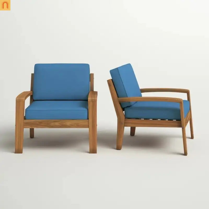 Outdoor Club Chair Acacia Wood Blue Slat Panel Water Resistant Cushion