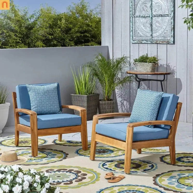 Outdoor Club Chair Acacia Wood Blue Slat Panel Water Resistant Cushion