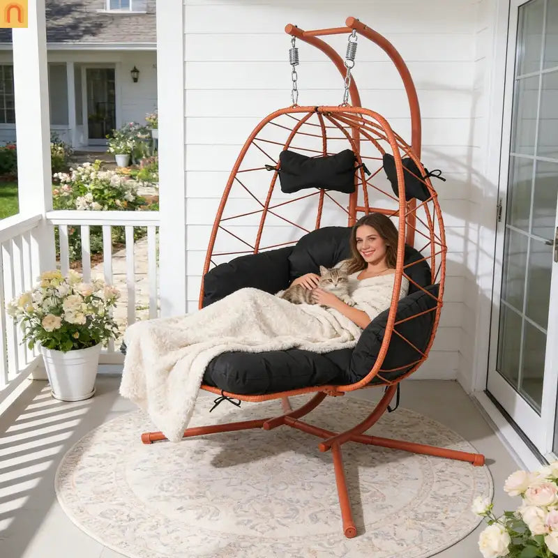 Outdoor Hanging Egg Chair Wicker Orange 2-Person 600 lb Cap