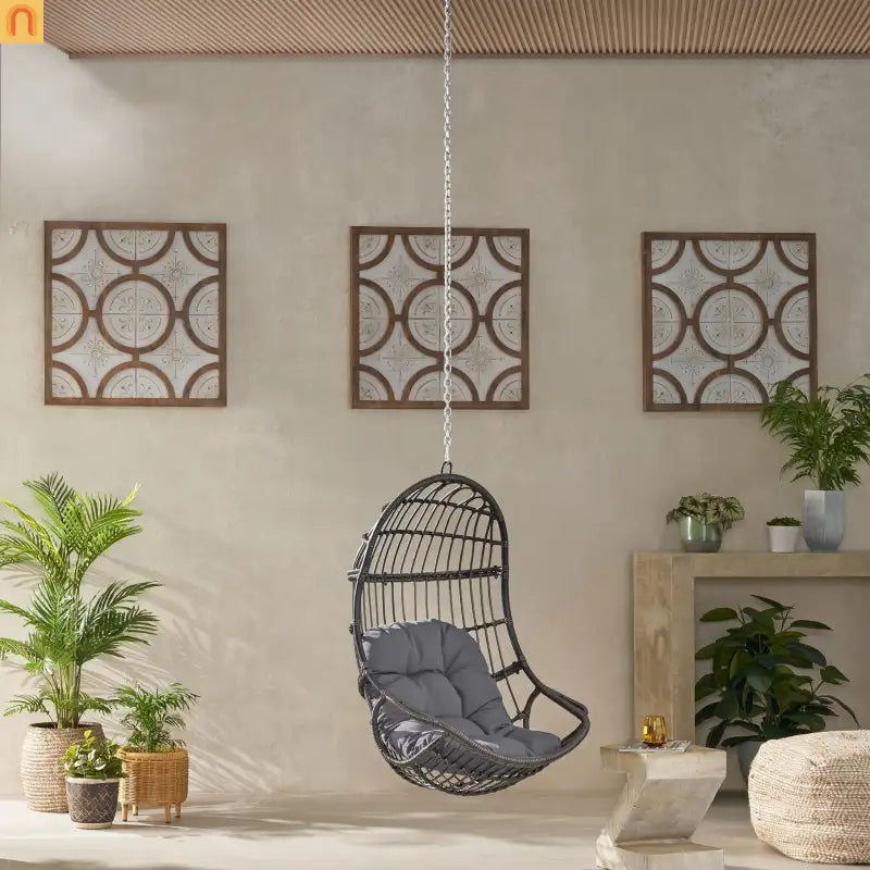 Outdoor Hanging Basket Chair Wicker Gray 44.5in No Stand