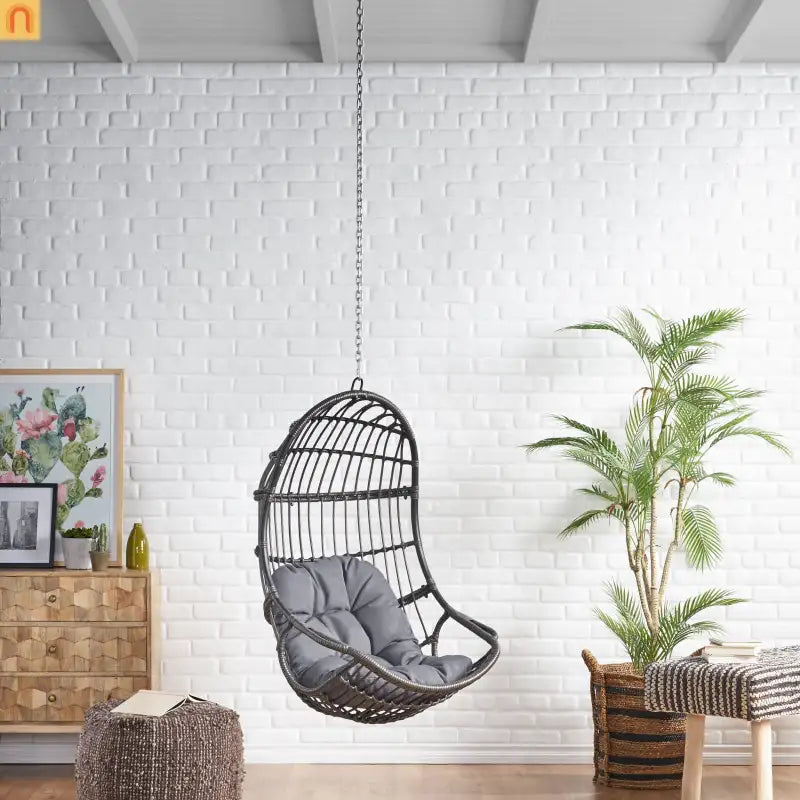 Outdoor Hanging Basket Chair Wicker Gray 44.5in No Stand