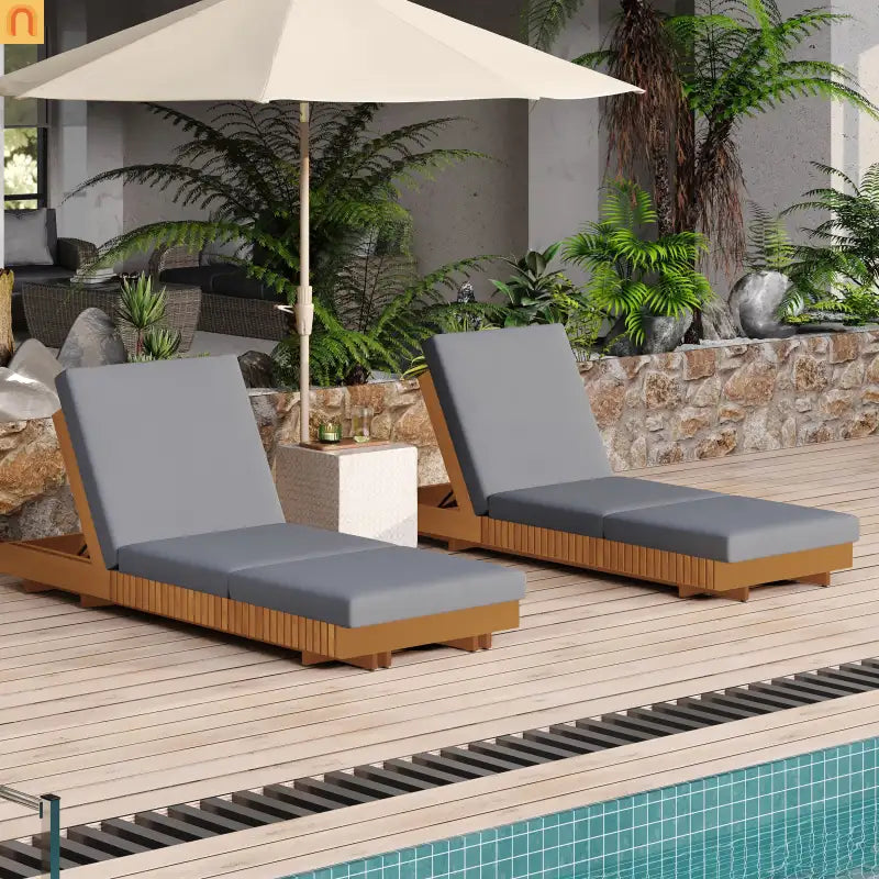 Outdoor Chaise Lounge Set Acacia Wood Dark Gray 6 Position Adjustable 2 Piece
