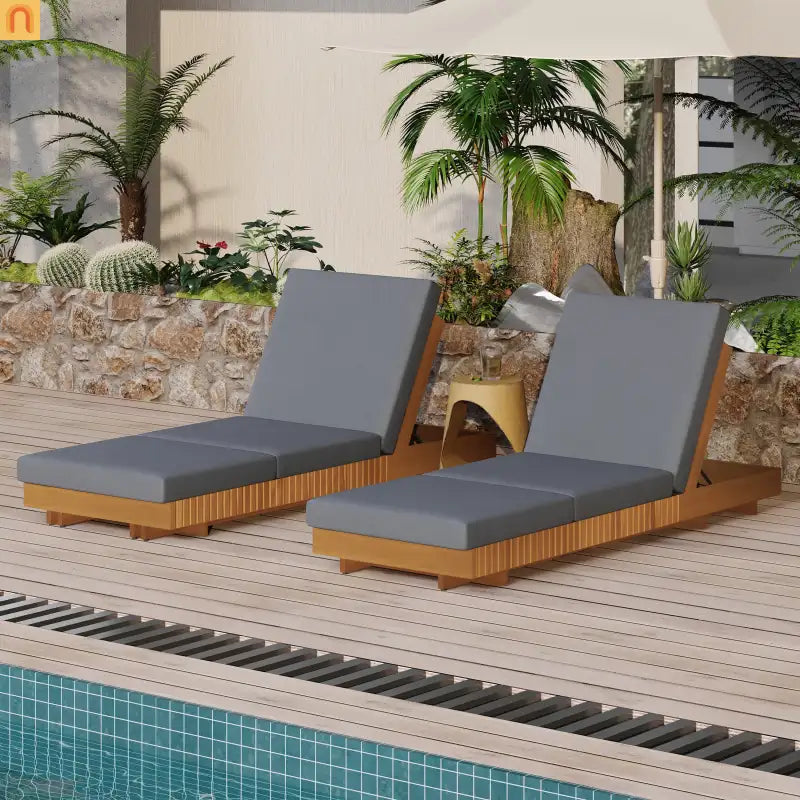 Outdoor Chaise Lounge Set Acacia Wood Dark Gray 6 Position Adjustable 2 Piece