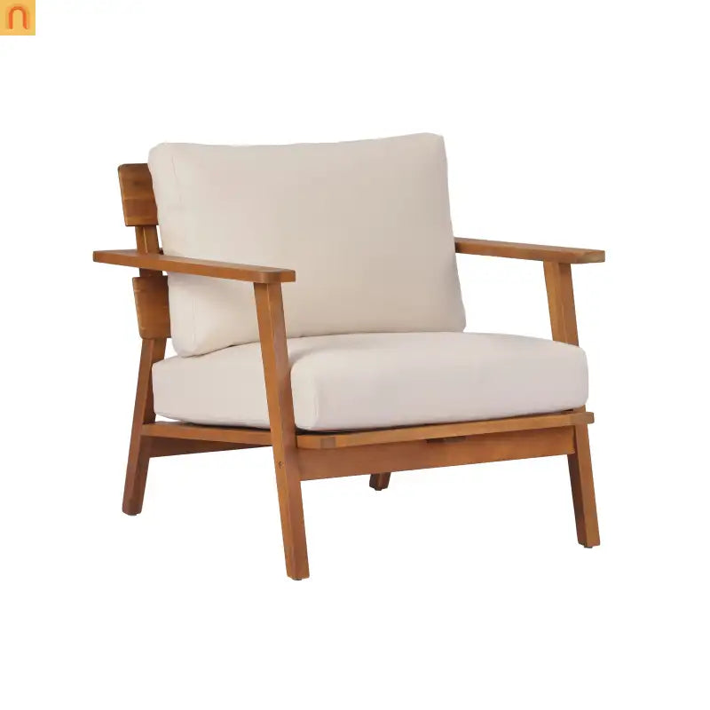 Outdoor Club Chair Acacia Wood 29in Beige Cushion