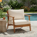 Outdoor Club Chair Acacia Wood 29in Beige Cushion