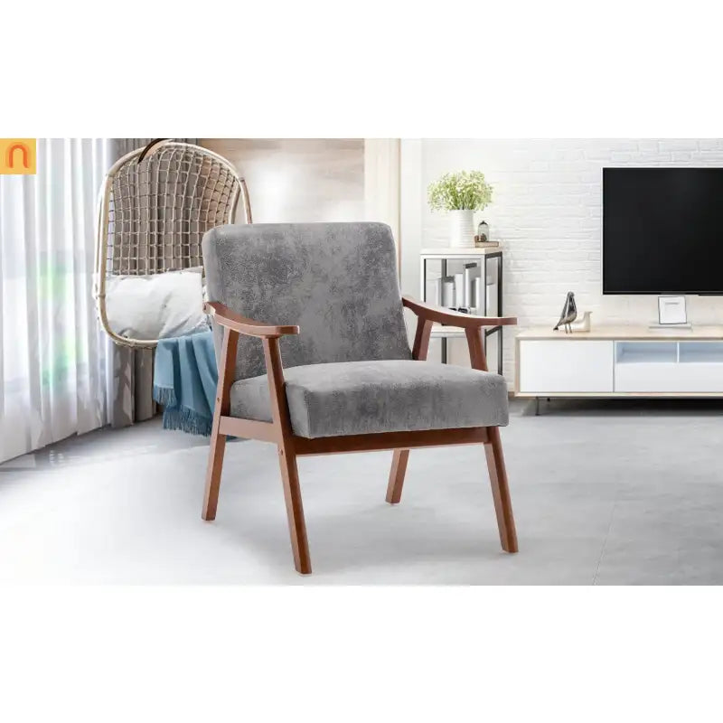 Accent Chair Mid-Century Gray Fabric Rubberwood 26in 300 lb