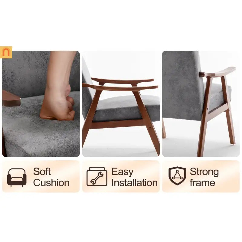 Accent Chair Mid-Century Gray Fabric Rubberwood 26in 300 lb