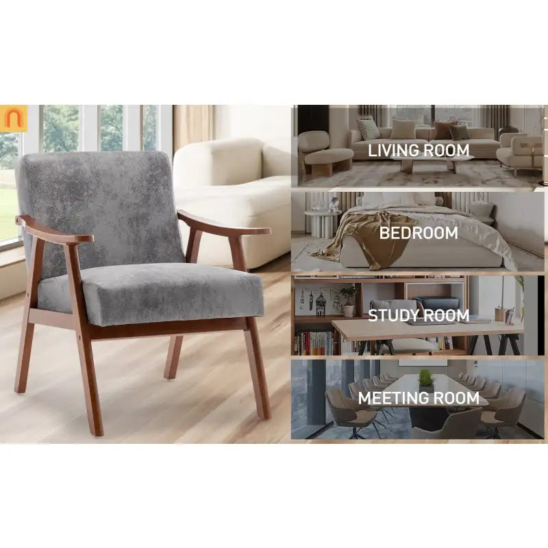 Accent Chair Mid-Century Gray Fabric Rubberwood 26in 300 lb