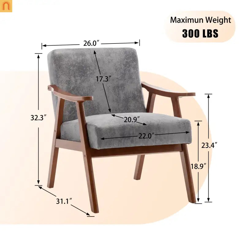 Accent Chair Mid-Century Gray Fabric Rubberwood 26in 300 lb