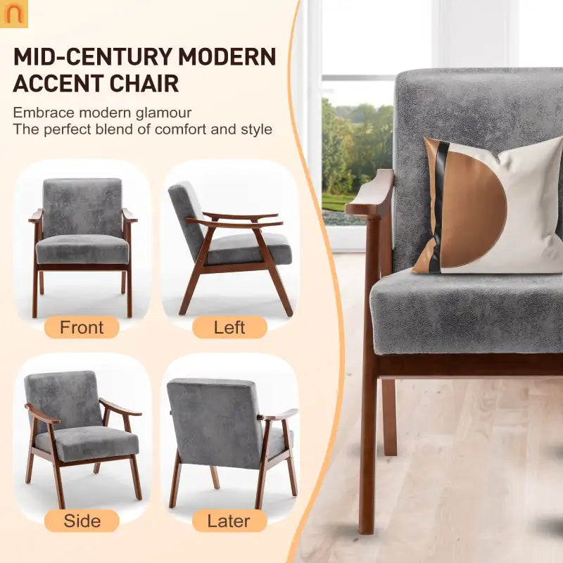 Accent Chair Mid-Century Gray Fabric Rubberwood 26in 300 lb