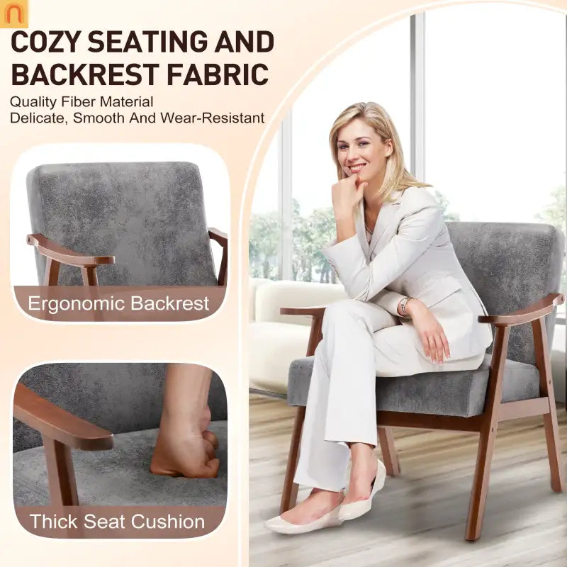 Accent Chair Mid-Century Gray Fabric Rubberwood 26in 300 lb