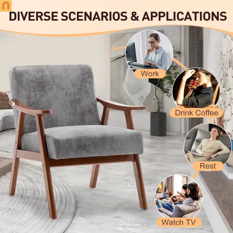 Accent Chair Mid-Century Gray Fabric Rubberwood 26in 300 lb