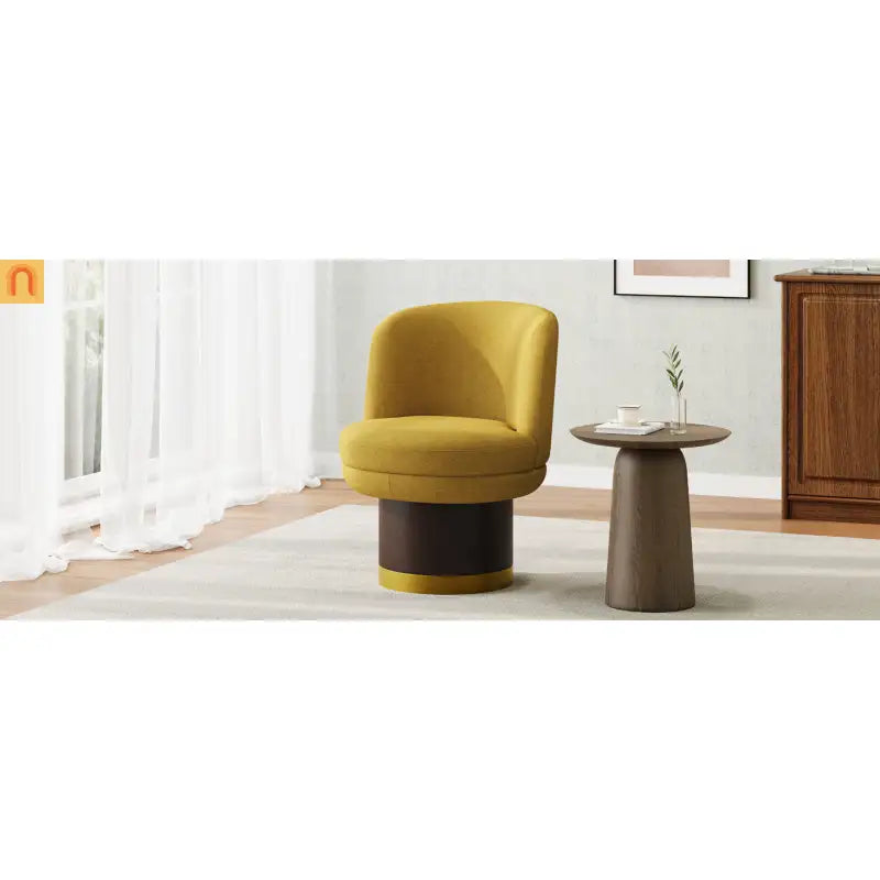 Accent Chair Round Swivel Chenille Yellow 360 Degree Pedestal Base