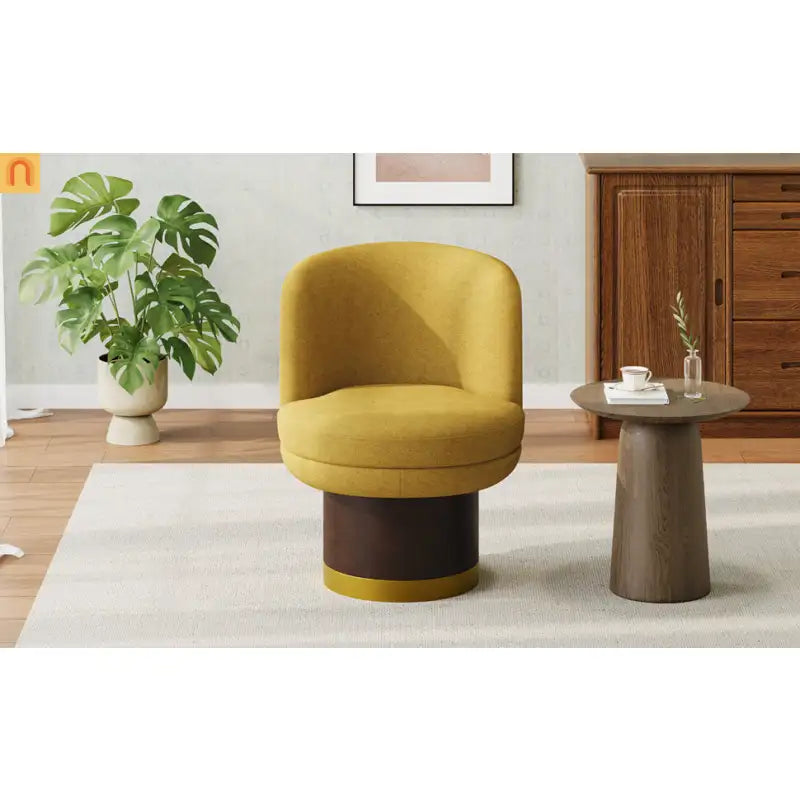Accent Chair Round Swivel Chenille Yellow 360 Degree Pedestal Base
