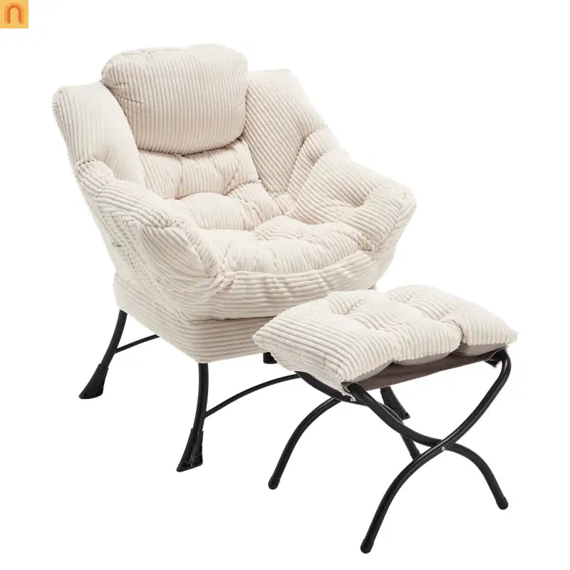 Accent Chair Lounge Flannelette White with Ottoman Steel Frame 250 lb