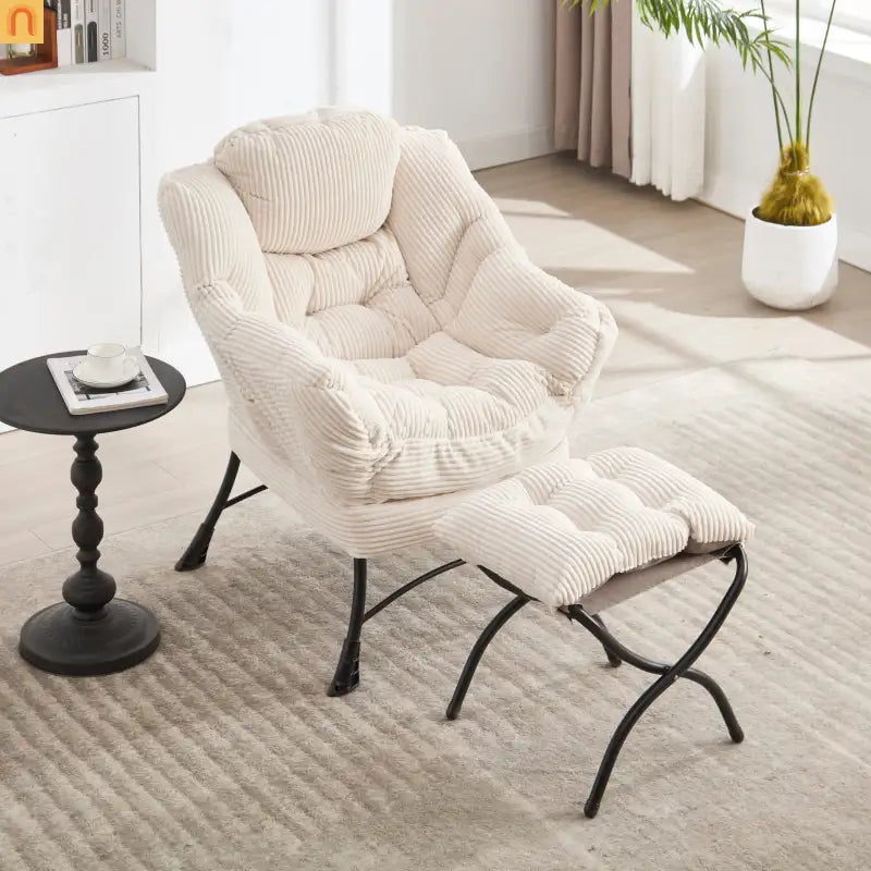 Accent Chair Lounge Flannelette White with Ottoman Steel Frame 250 lb