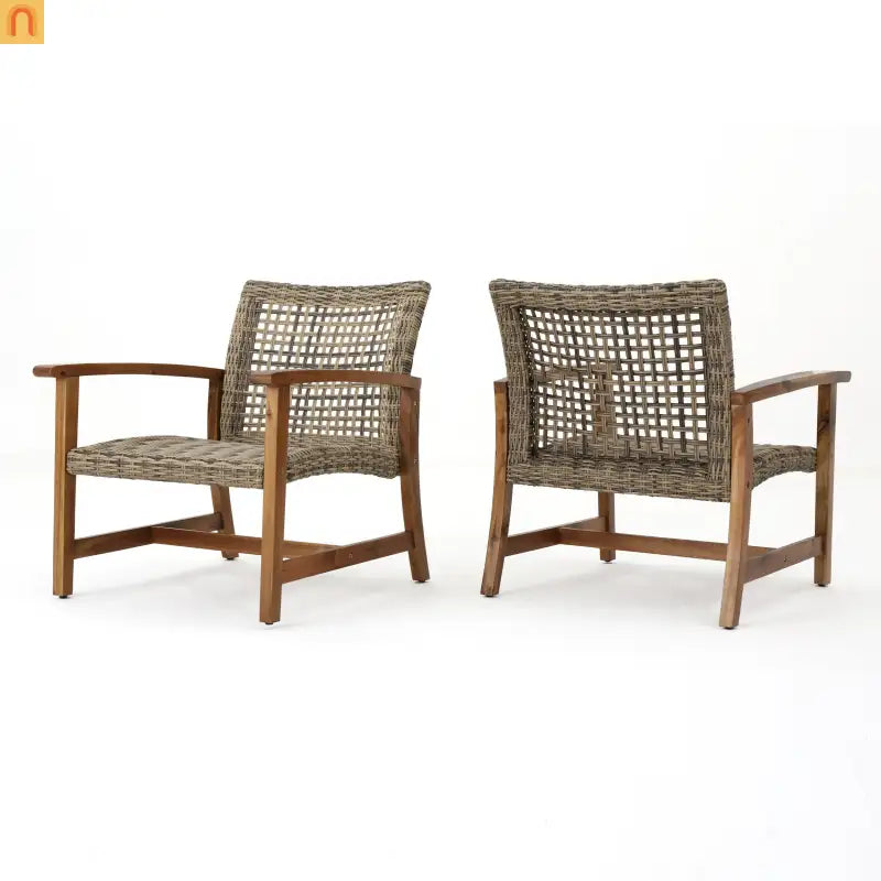Outdoor Club Chair Set Acacia Wood Wicker Natural Gray Set of 2