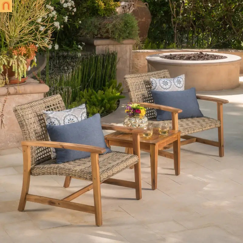 Outdoor Club Chair Set Acacia Wood Wicker Natural Gray Set of 2