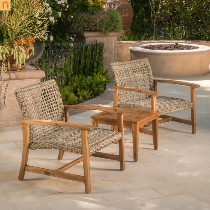 Outdoor Club Chair Set Acacia Wood Wicker Natural Gray Set of 2