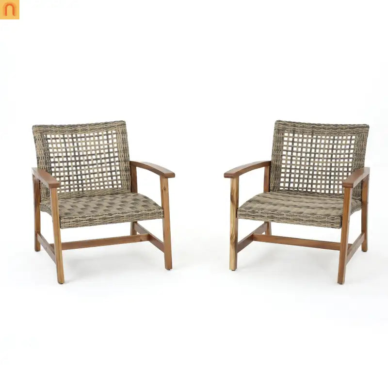 Outdoor Club Chair Set Acacia Wood Wicker Natural Gray Set of 2