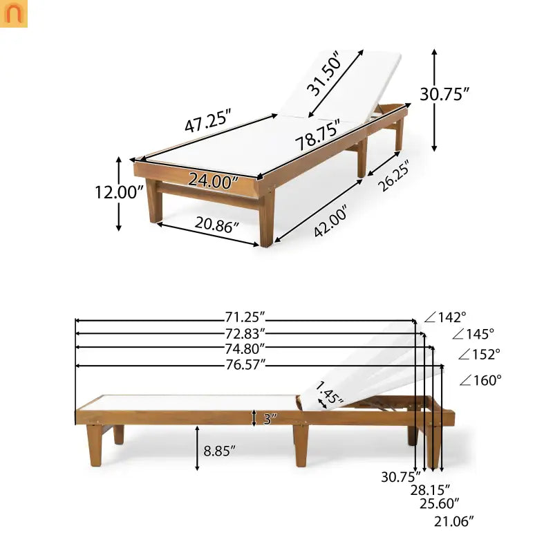 Outdoor Chaise Lounge Acacia Wood Teak Mesh Seat Adjustable 78.75in