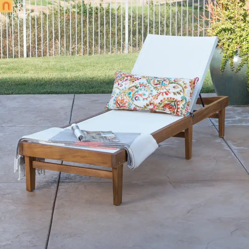 Outdoor Chaise Lounge Acacia Wood Teak Mesh Seat Adjustable 78.75in