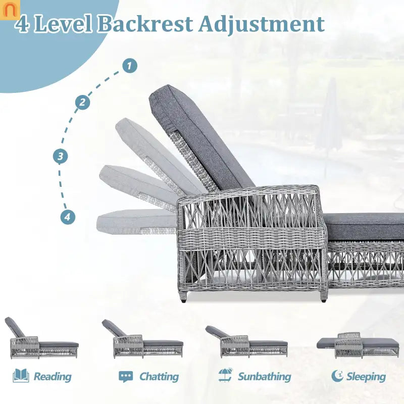Chaise Lounge Wicker Gray 4-Position Adjustable Cushion 400 lb