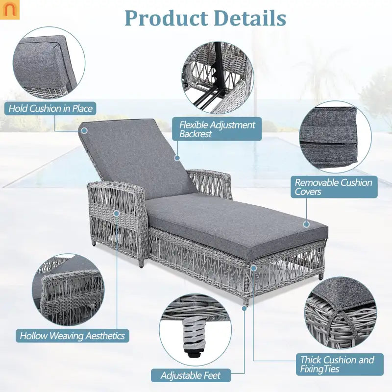 Chaise Lounge Wicker Gray 4-Position Adjustable Cushion 400 lb