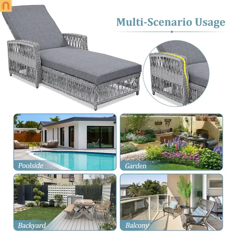 Chaise Lounge Wicker Gray 4-Position Adjustable Cushion 400 lb