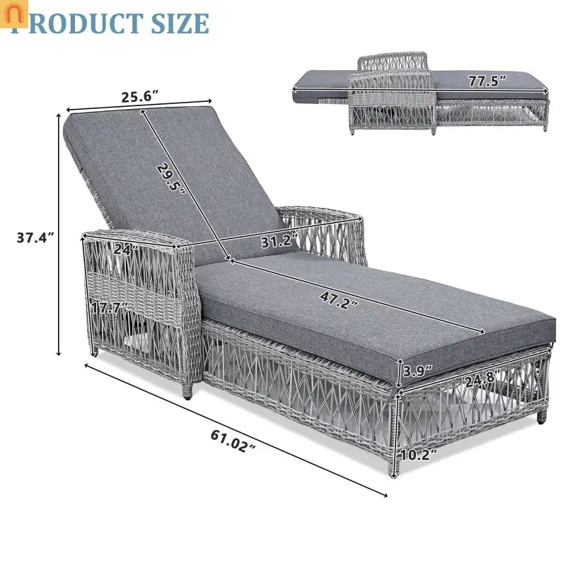 Chaise Lounge Wicker Gray 4-Position Adjustable Cushion 400 lb