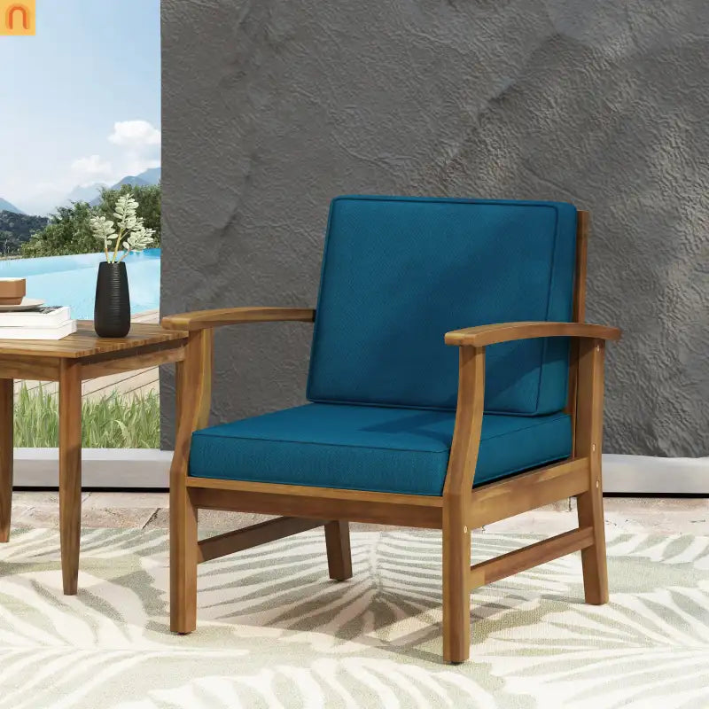 Outdoor Chair Club Acacia Wood Slat Blue Cushion 400 lb 28in