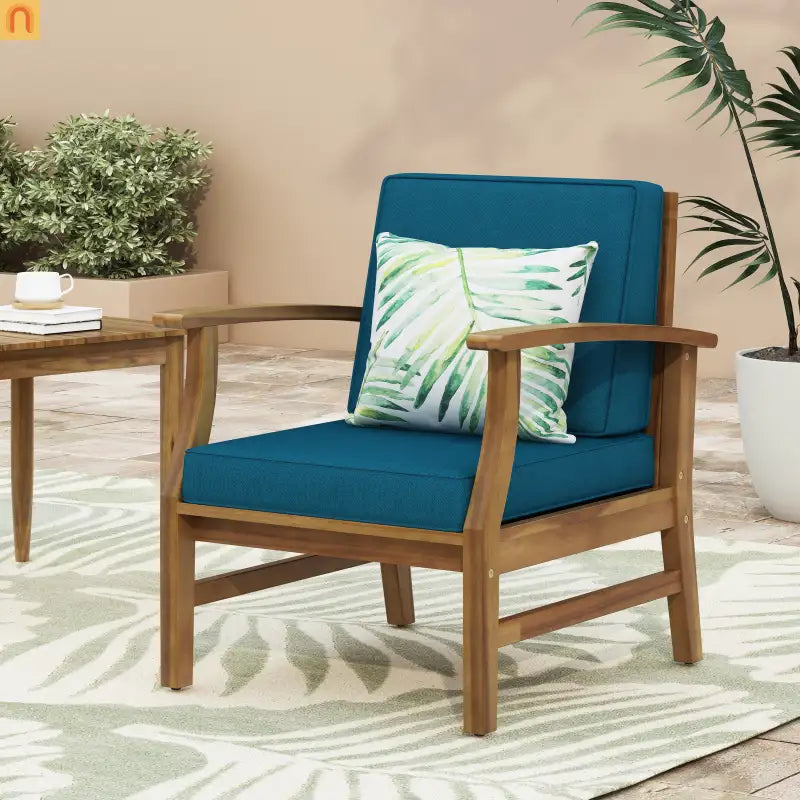 Outdoor Chair Club Acacia Wood Slat Blue Cushion 400 lb 28in